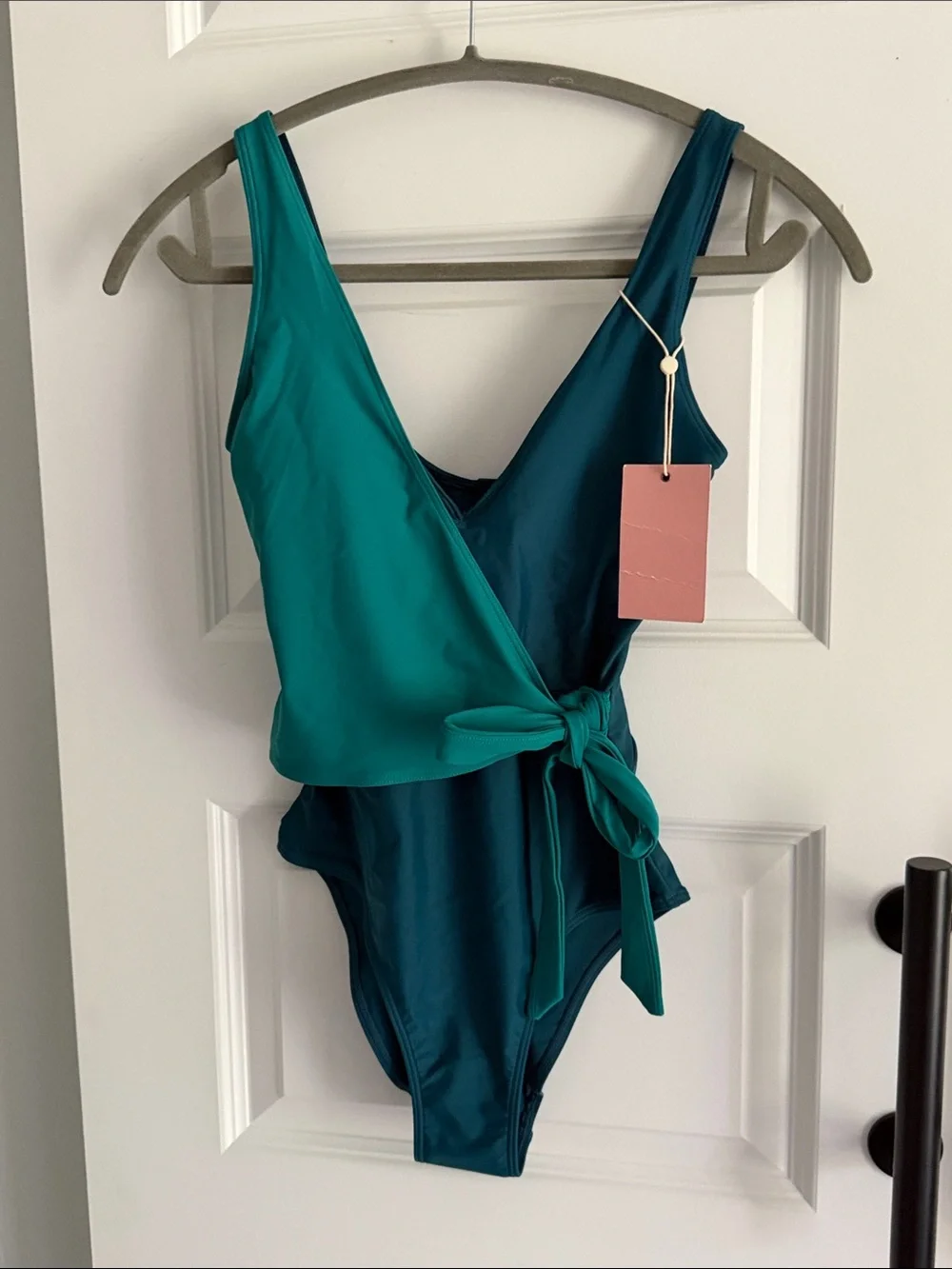 Two-Tone Teal Wrap One-Piece Swimsuit size 4